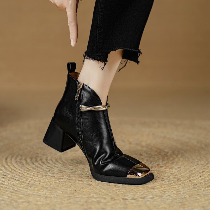 Fashion Women's New Autumn and Winter Square Toe Leather Cowhide Metal High-heeled Plus Size and Calf Elastic Fashion Short Boots