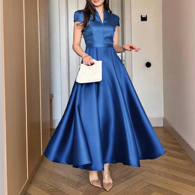 ZANZEA Women Elegant V-Neck Casual Short Sleeve Satin Dress