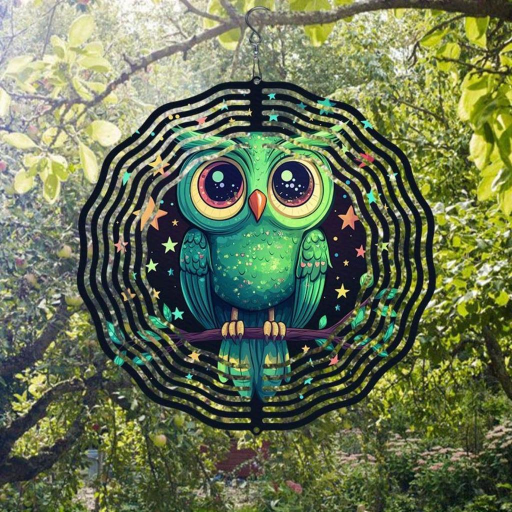 Starry Sky Owl Wind Chime Outdoor Garden Decor Metal Wind Powered Rotating Hanging Ornament with 360 Swivel Hook Easy Install No Electricity Needed