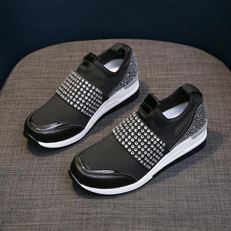 2025 Spring Korean Style Wedge Heel Rhinestone Slip-On Casual Flats for Women - Plus Size Round Toe Thick Sole Dad Shoes