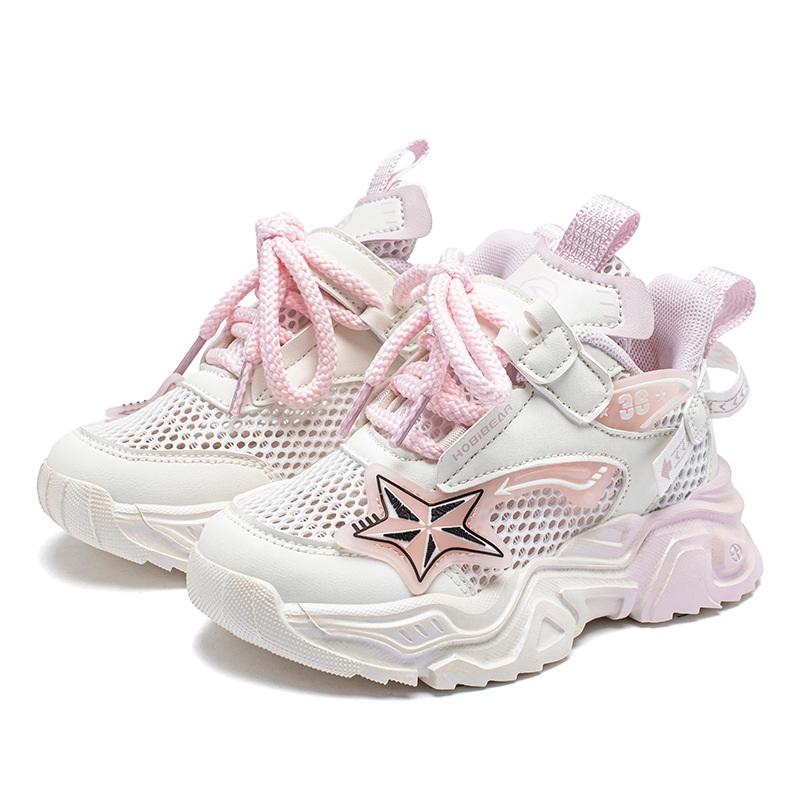 HOBIBEAR Single Mesh Summer Girls' Sports Shoes Velcro Hollow Mesh Girls' Campus Running Shoes