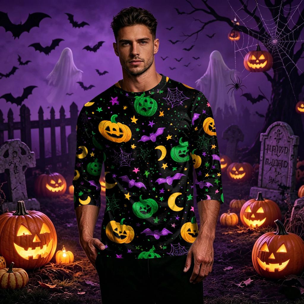 Men's Casual Halloween Printed Crew Neck T Shirt Three Quarter Sleeve Top Suitable for Seasonal Wear and Everyday Use