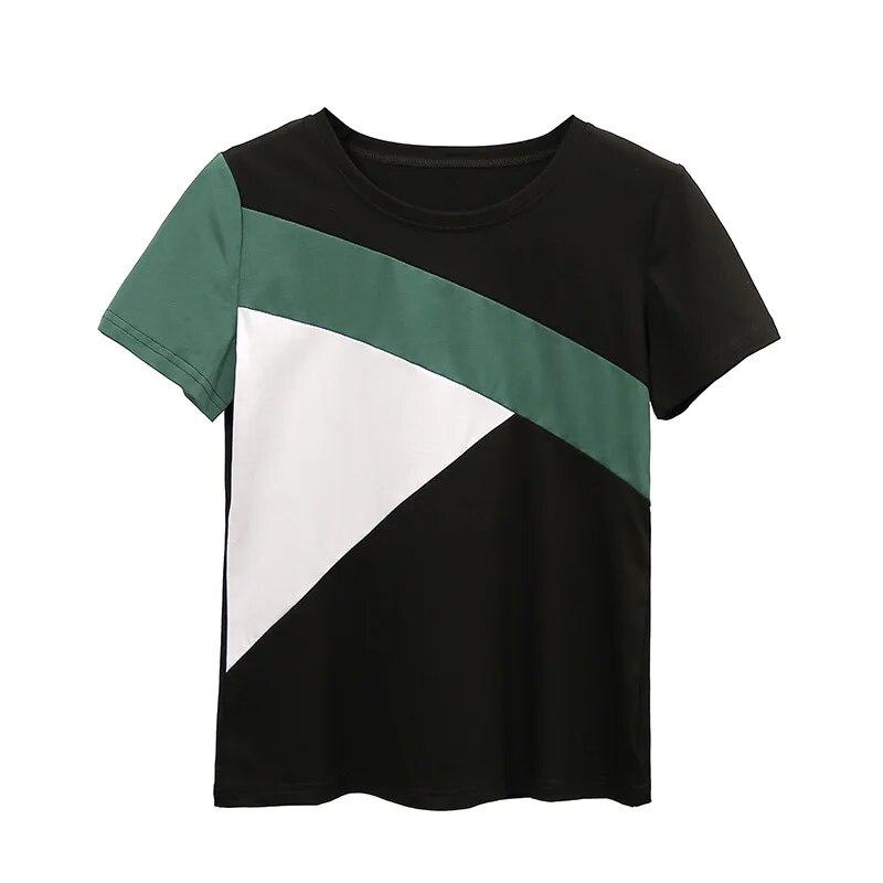 Тонкая женская базовая футболка из полиэстера с цветными блоками с 3D принтом Y2k — фото 4