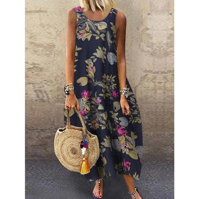 Abito da donna retrò in cotone e lino stampato floreale Abito estivo casual vintage con scollo a V e maxi abiti lunghi oversize senza maniche