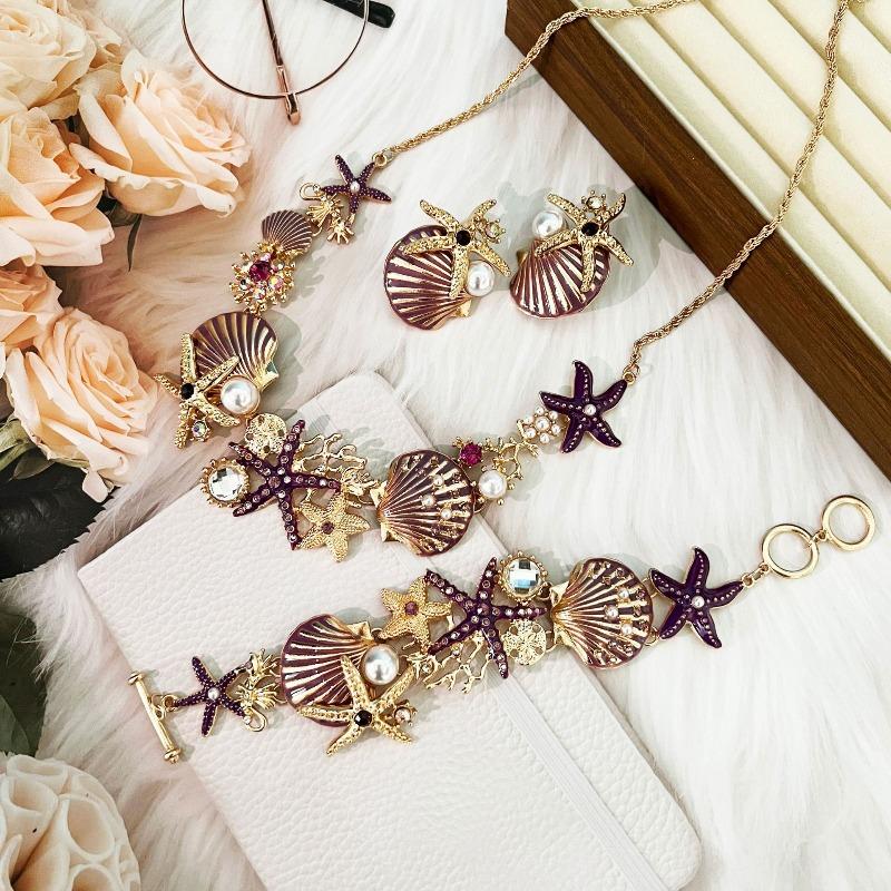 Island style beach starfish vacation four-piece set chain alloy diamond-encrusted bohemian shell jewelry