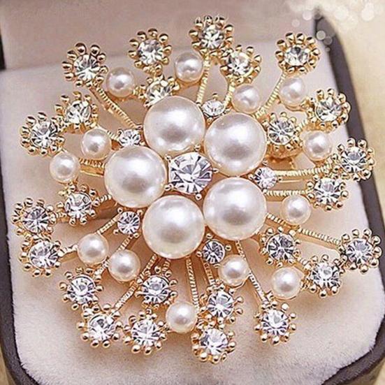 Women Brooch Snowflake Shape Rhinestone Faux Pearl Decor Anti-slip Wear-resistant Suit Coat Collar Hat Scarf Decoration