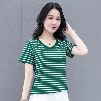 Women's Pure Cotton Striped Short-Sleeve T-Shirt - Stylish Summer Mommy Wear for Chic, Comfortable Fashion