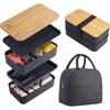 Mikrowellengeeigneter japanischer Lebensmittelbehälter, geräumige doppelstöckige Kunststoff-Bento-Lunchbox mit Besteck und Bambusdeckel