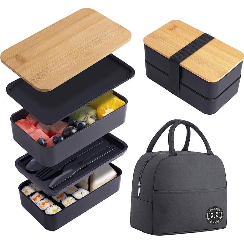 Mikrowellengeeigneter japanischer Lebensmittelbehälter, geräumige doppelstöckige Kunststoff-Bento-Lunchbox mit Besteck und Bambusdeckel