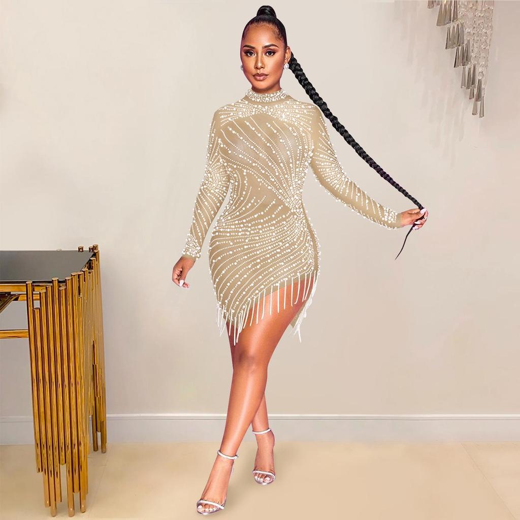 European & American Sexy Mesh See-Through Nightclub Dress with Bead Tassels and Long Sleeves