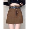 High-Waist Brown Suede Plush Pencil Skirt for Plus-Size Women - Versatile A-Line, Slimming, Short Skirt for Spring & Autumn