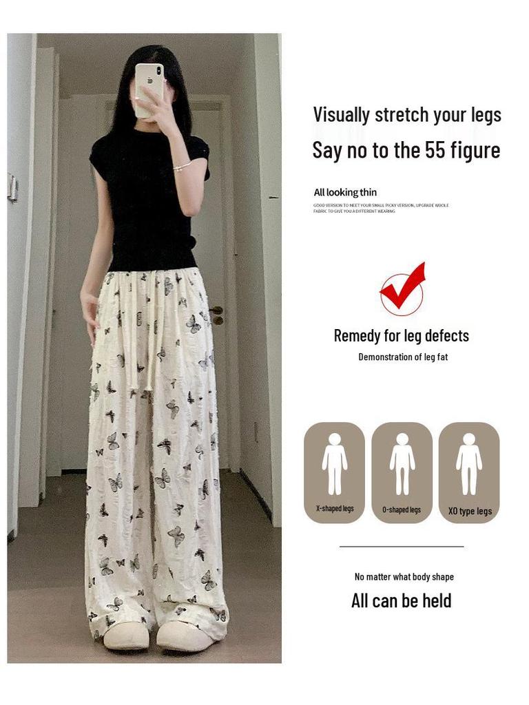 Sommerhose für kleine Frauen mit hohem Bund und weitem Bein, mit Innenfutter und Schmetterlingsrissen - Lässiger und bodenlanger Stil