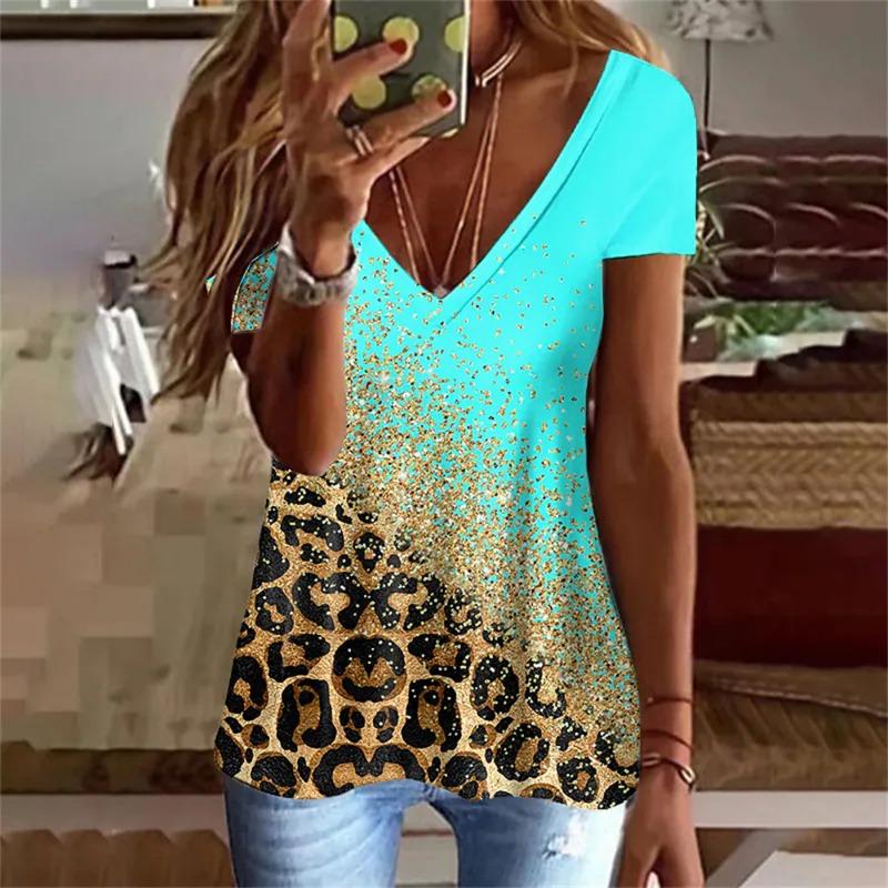 Módní tričko s 3D potiskem leoparda Dámské Y2k topy Streetwear Harajuku Trička s krátkým rukávem Trička s výstřihem do V Dámské nadměrné oblečení