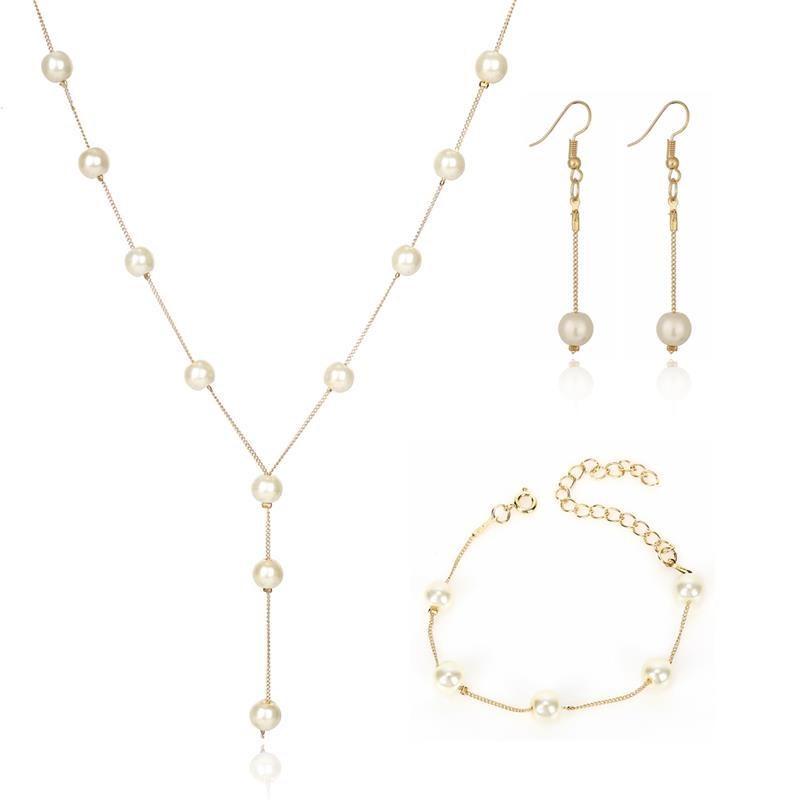 Bridal Wedding Jewelry Set Women Simulated Pearl Tassel Earrings +Necklace+Bracelet Party Beads  Accessories Gift
