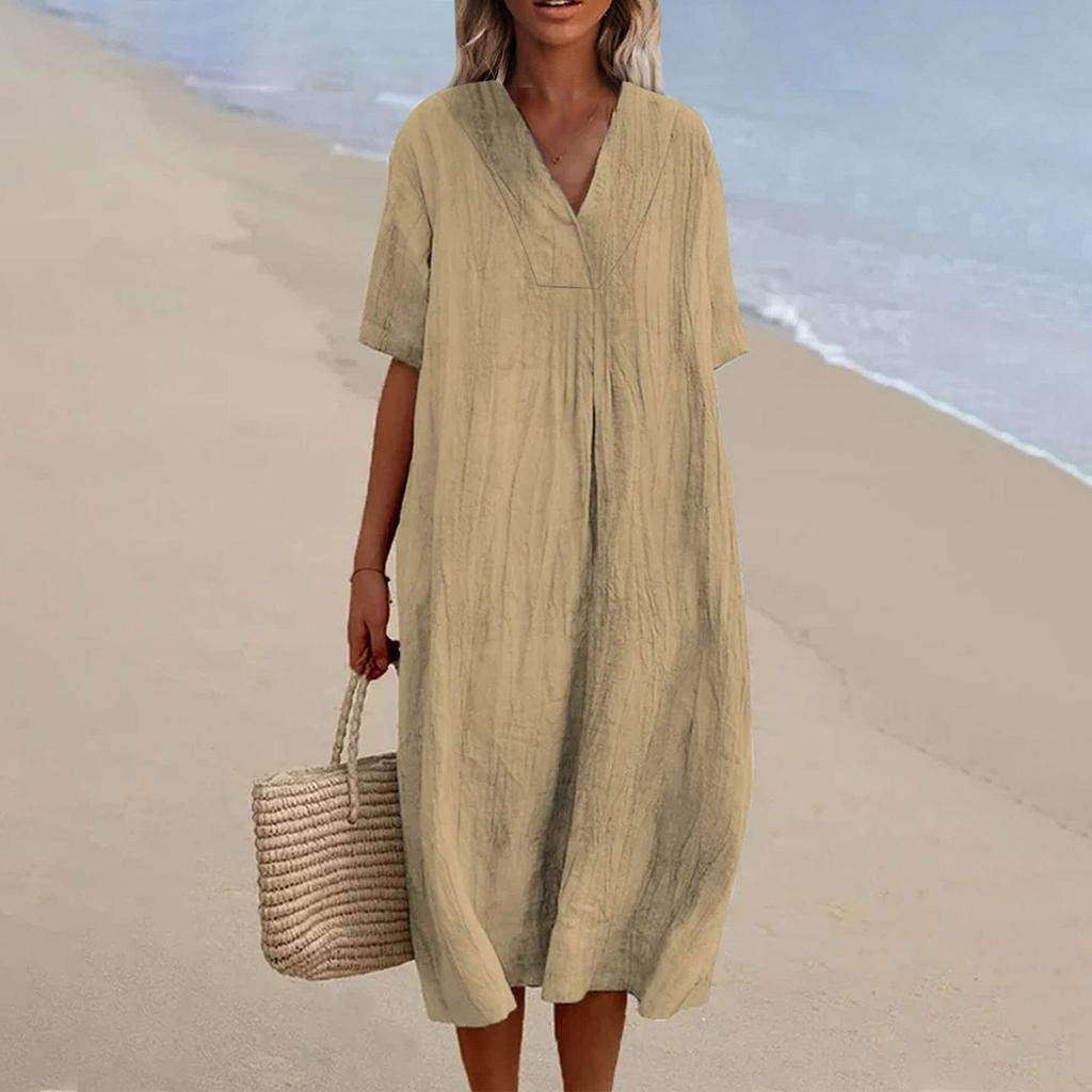 Women's V-Neck Casual Dresses Beach Holiday Color Vacation Leisure Dresses Loose Cotton Linen Shirt Dress
