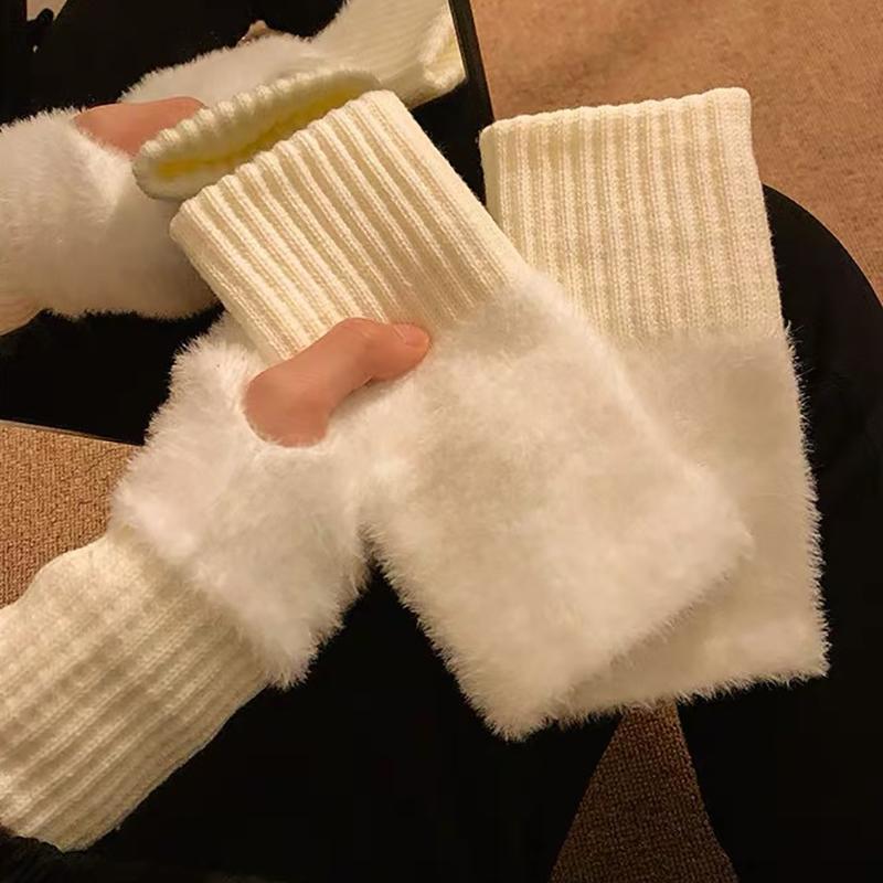 Soft Winter Half Finger Gloves Women Warm Luxury Solid White Plush Knitted Fingerless Gloves Wrist Mittens Writting