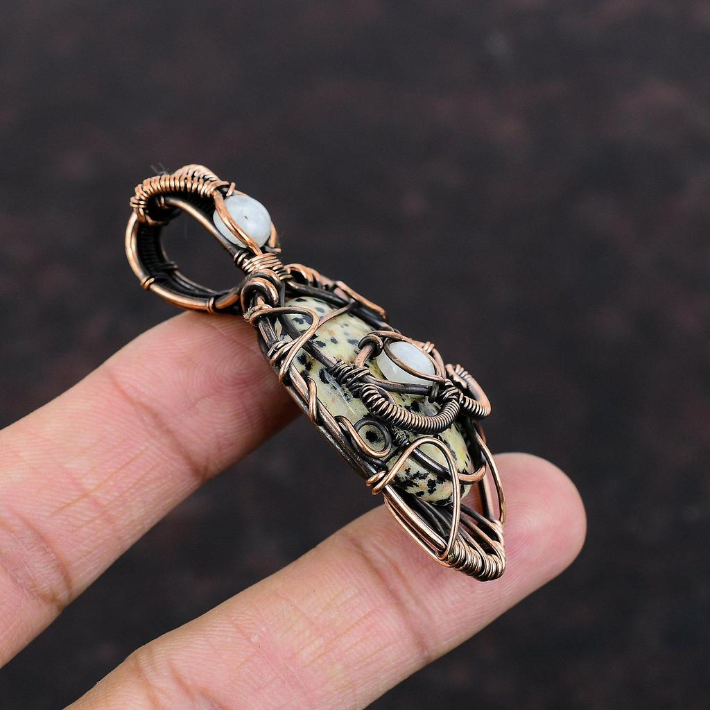 Böser Blick Dalmatiner Jaspis Anhänger Kupferdraht umwickelter Edelsteinanhänger Regenbogenmondstein Anhänger Handgefertigter Kupferschmuck Geschenk für Verlobung