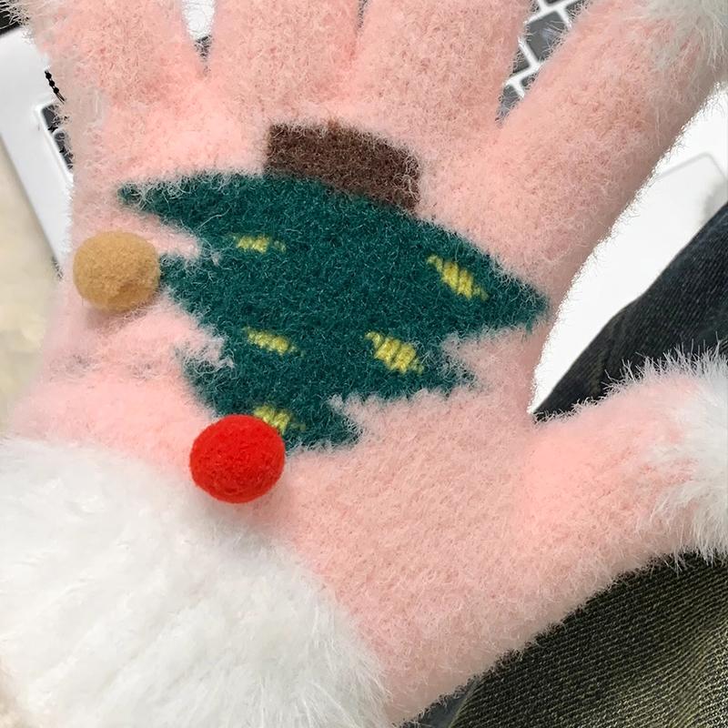 1 Par Handskar Varma Med Blottade Fingrar Cykel Julgran Söta Pekskärm Studenter Fluffiga Utomhus Snöflinga Vinter Kvinnor