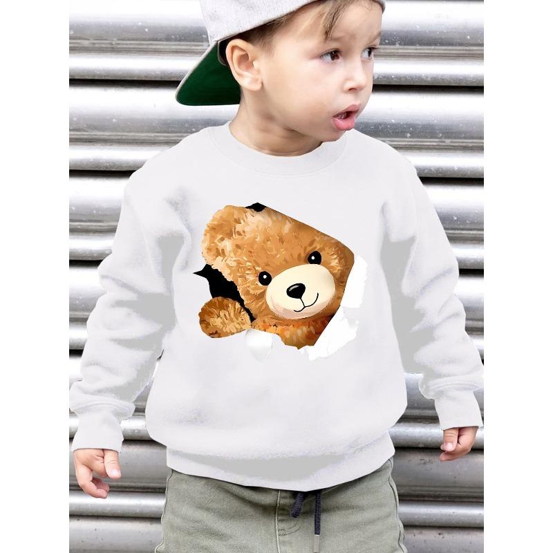 Boys' Autumn/Winter Fashion -Lined Sweatshirt with "Hello" Bear Cartoon Print, Loose Fit Casual Long-Sleeve Pullover