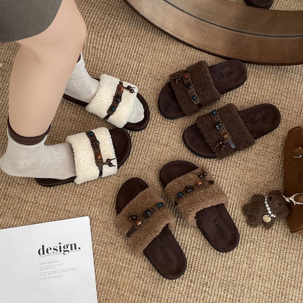 White high-end retro thick-soled heightening fluffy slippers for women's outer wear 2025 new autumn and winter with skirts cotton slippers