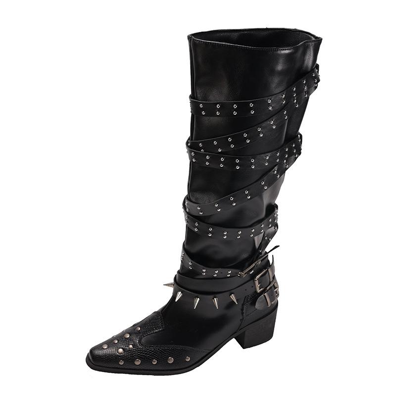 Black retro thick heel pointed boots women's 2025 new autumn punk style thin but knee trousers boots