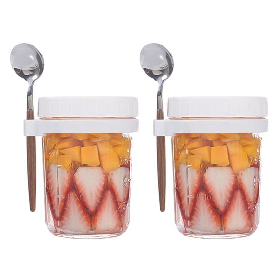 2 Pcs 350ML Oatmeal Cup Glass Overnight Oats Containers Airtight Breakfast Meal Prep Glass Container Yogurt Salad Cereal Jar with Lids and Spoons