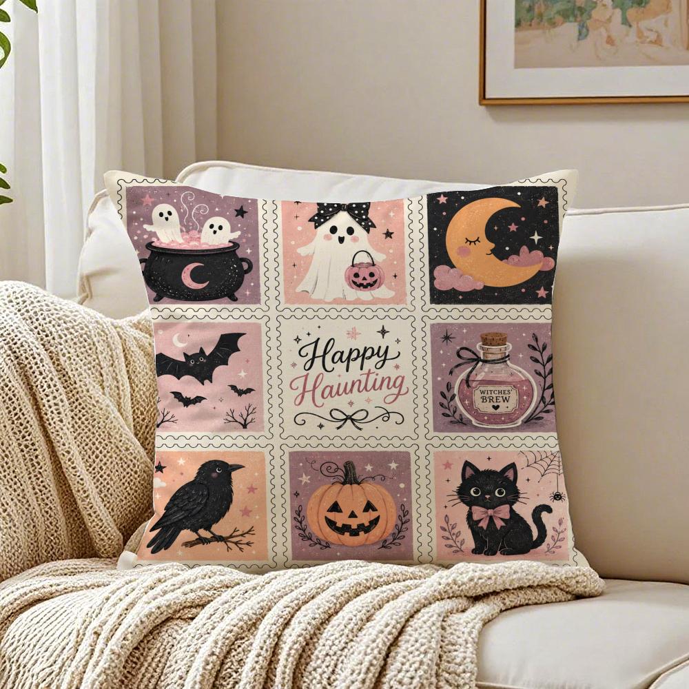 Spooky Cute Halloween Ghost Cat Cushion Cover Breathable Organic Cushion Covers Machine Washable Wrinkle-Resistant Soft Durable
