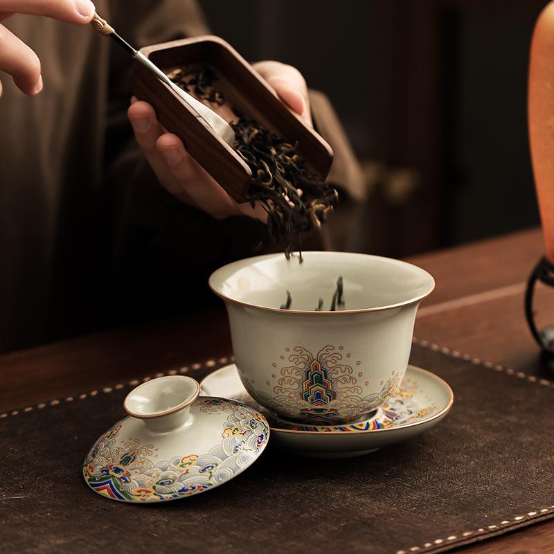Bol cu capac Ru Kiln Sancai Bol de ceai ceramic chinezesc de înaltă calitate Set de ceai Kung Fu Bol cu capac Ceașcă Articole de ceai individuale de lux ușor