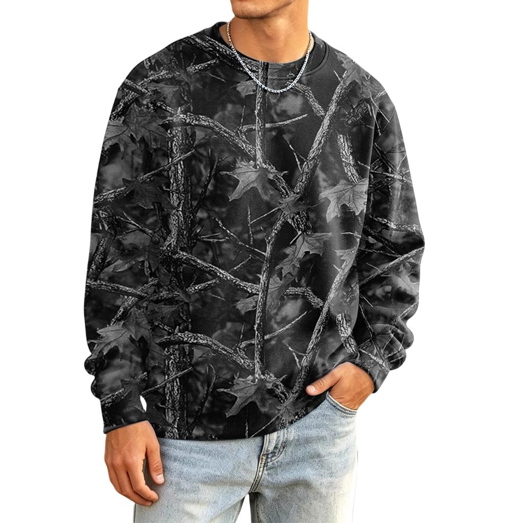 Men's Casual Long Sleeve Camouflage Print Round Neck T-Shirt Loose Fit for Everyday Wear