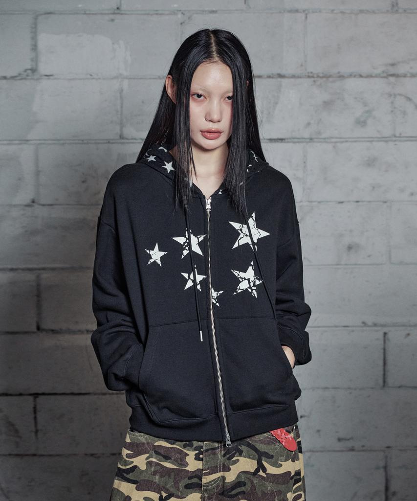 Losers Club Star Graphic Two-Way Zip-Up Hoodie Black