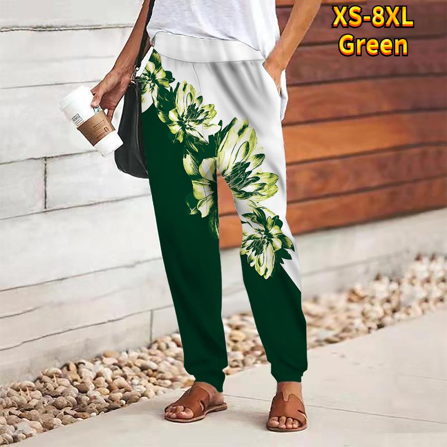 Women Flower Printing Pants Lace Up Elastic Waist Loose  Trousers Casual Long Pants Trousers with Pockets