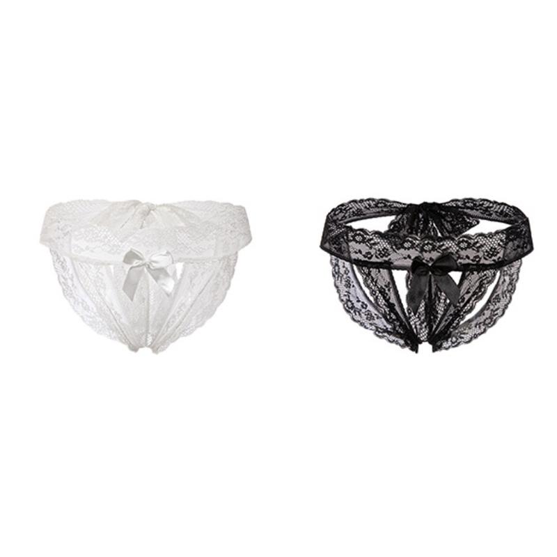 Sexy Lingerie Lace Low-Waisted Open Crotch Women'S Hollowed-Out Strappy Bow Panties
