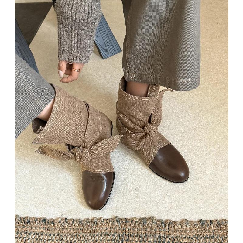 Western Cowboy Boots Autumn and Winter Round Head Lace-up Bow Medium Boots Sleeve Slim Short Boots Women
