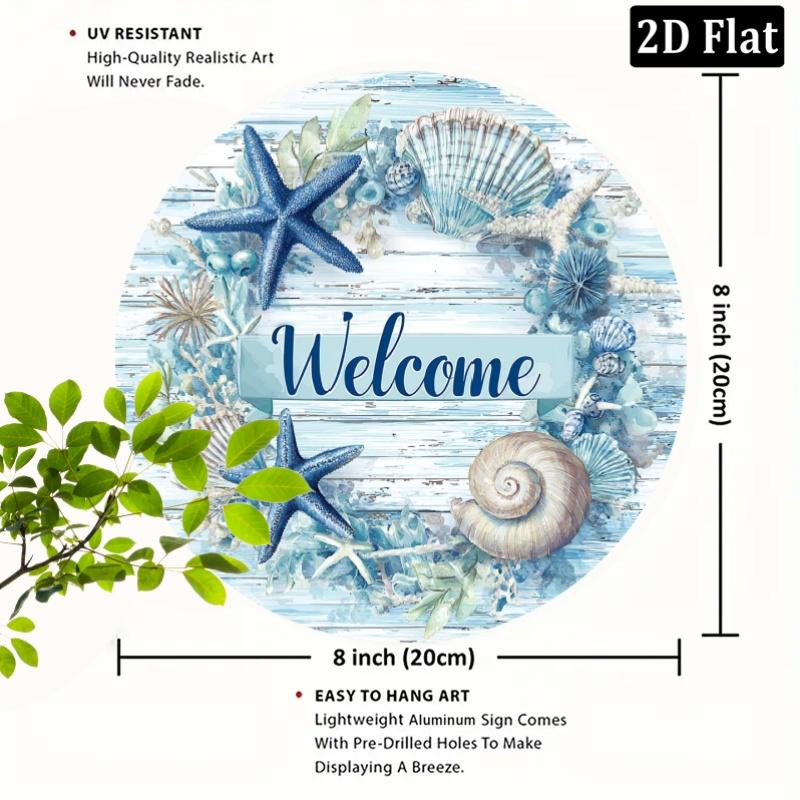 Seaside Welcome Sign - Nautical Beach Starfish and Shell Wall Art, 8 Inch Round Aluminum Metal Plaque with Coastal Decor 20x30cm(7.8x11.8inch)