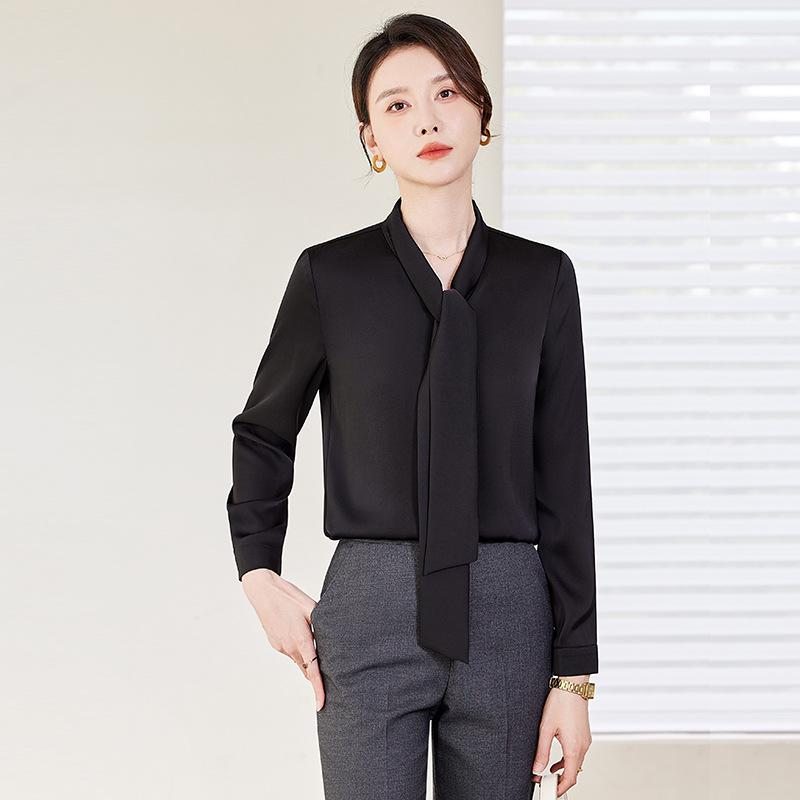 Women's Drapey V-Neck Ribbon Long Sleeve White Shirt - Professional Spring/Autumn Workwear Top