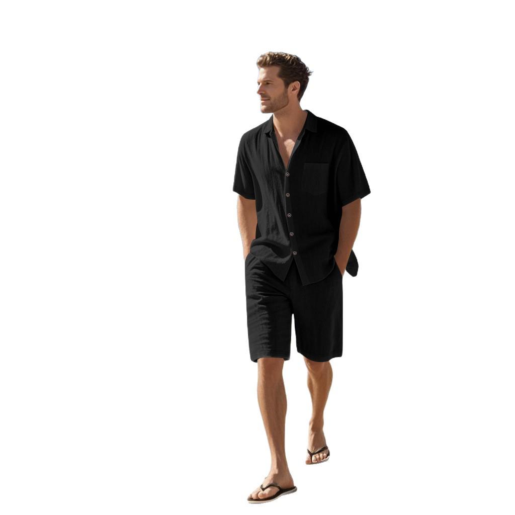 Men's Summer Linen Short-Sleeve Shirt & Shorts Set - Casual Loose Fit, Cotton-Linen Fabric.