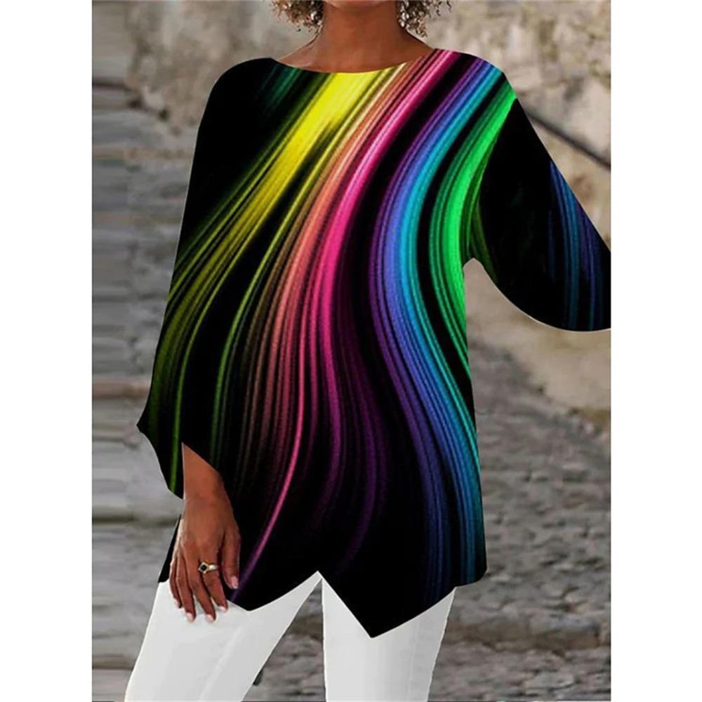 Spring and Summer Geometric Print Long Sleeved Patchwork Round Neck Loose Versatile Shirt