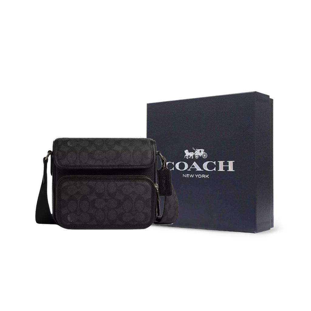 Coach Sullivan 20 Logo Print Magnetic Closure Coated Canvas And Leather Shoulder Crossbody Bag Small Men bags Black CZ396-QBMI5