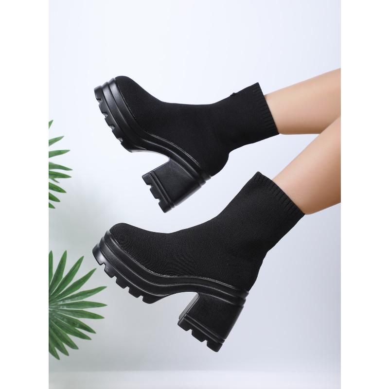 Large Size Women's Leather Boots New Style Square Head Platform High-heeled  Women Shoes Black and White Square Heel Short Boot
