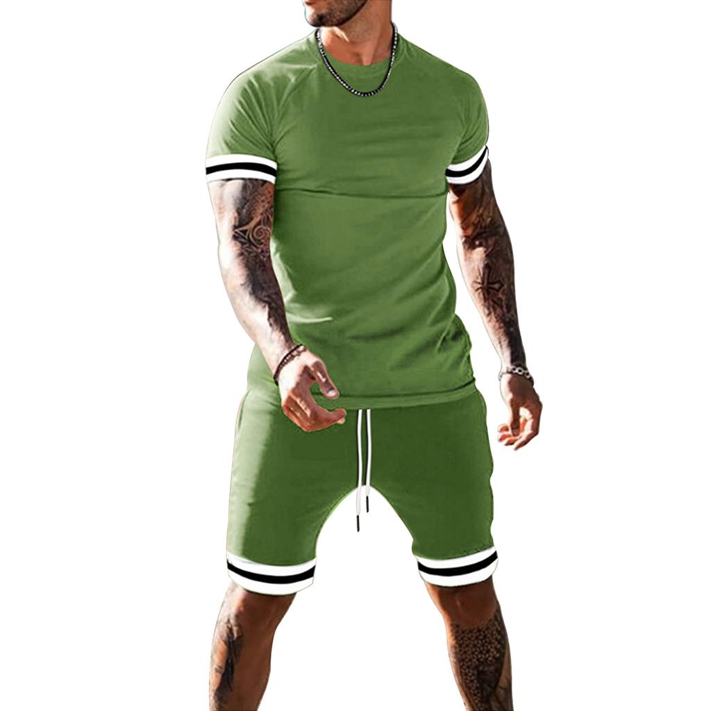 7 Colors Striped Patchwork Hem Woven Short Sleeve T Shirt Sets Men Summer Two Pieces Short Pants Suits Sportwear