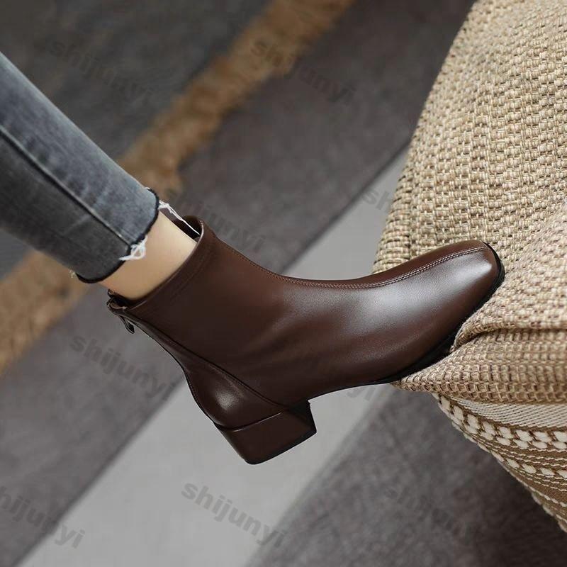 Winter Women's Boots New Square Toe High-heel Short Boot 2024 Autumn Winter Anti Slip Outdoor Fashion Retro Zipper Chelsea Boots