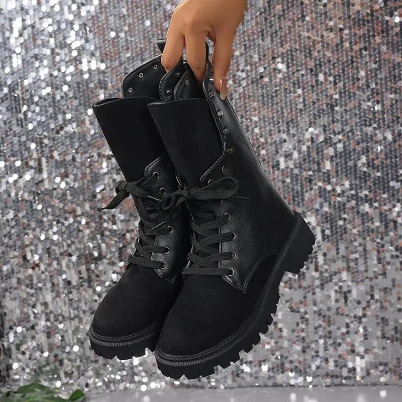 

New 2026 Autumn Winter Platform Cowboy Boots Women Shoes Fashion Lacing Mid-calf Boots Ladies Mid Heel Retro Mordern Booties 42 чорний