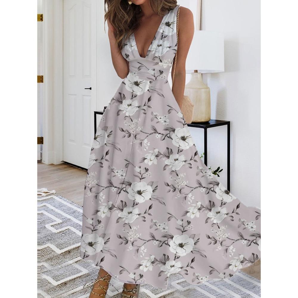 JPNTKY Women's Fashion Summer Spring Floral Print Sleeveless V-Neck Casual Dresses