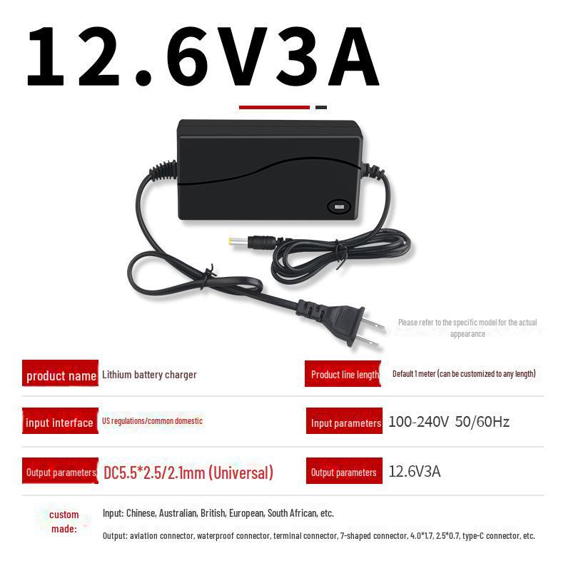 12.6V 3A Lithium Battery Charger for 3-String 18650 Batteries - Compatible with Electric Screwdriver, Hand Drill, and Light