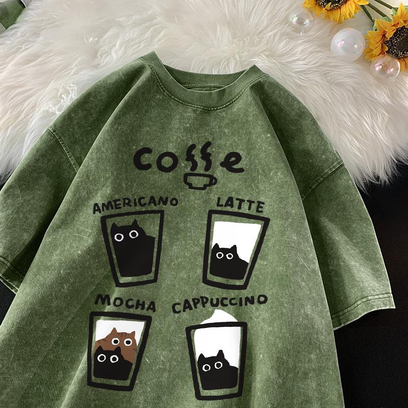 Amerikansk Retro Trendig Katt Bomulls-T-shirt Män Kvinnor Sommar Lös Par Kortärmad Toppar Harajuku Y2k Vintage Vattentvättad T-shirt