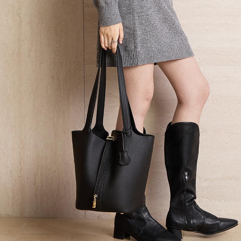 Extra Large Vegetable Basket Bag TC Top Layer Cowhide Simple Large Capacity Portable Bucket Bag Temperament Level Mother Bag Shoulder Bag