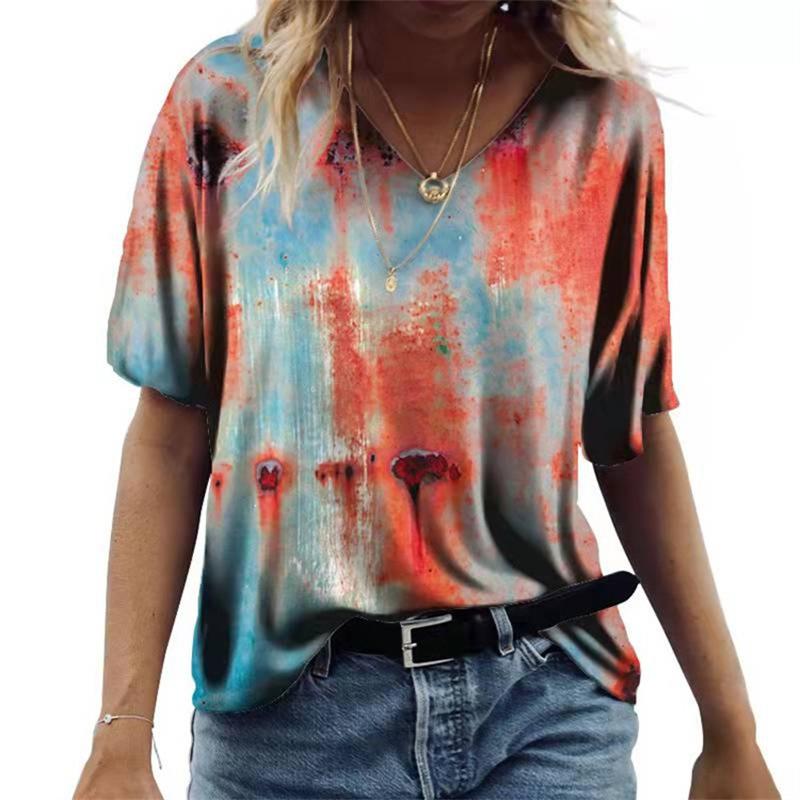 Damski T-shirt z krótkim rękawem i dekoltem V Luźny T-shirt Miejski Casual Nadruk 3D Damska Podstawa
