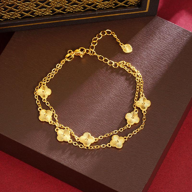 Вьетнамский браслет из песочного золота с четырехлистником, двойной слой: Элегантный, Универсальный и Долговечный для Женщин
