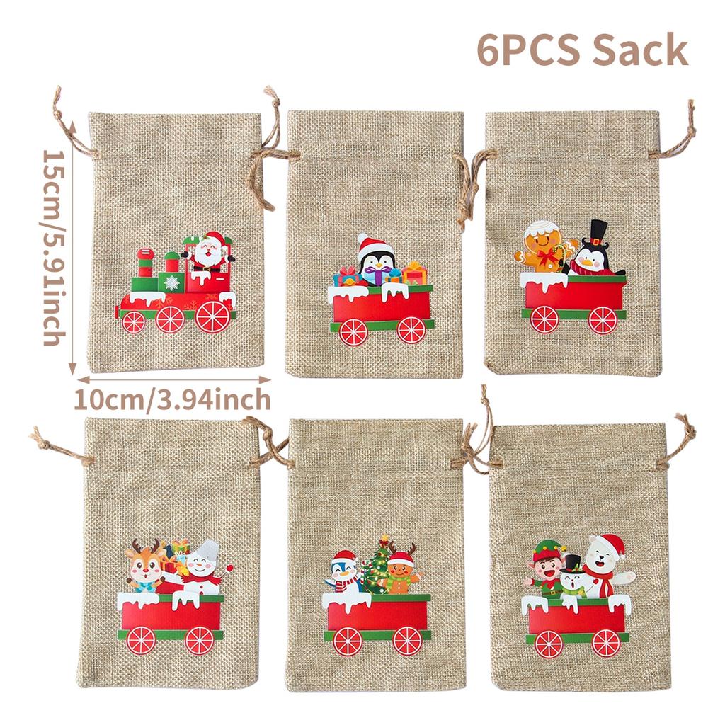 6Pcs Santa Claus Elk Bells Small Bear Drawstring Natural Burlap Bag Jute Gift Bag 10x15cm Cotton Linen Christmas Print Gift Bag
