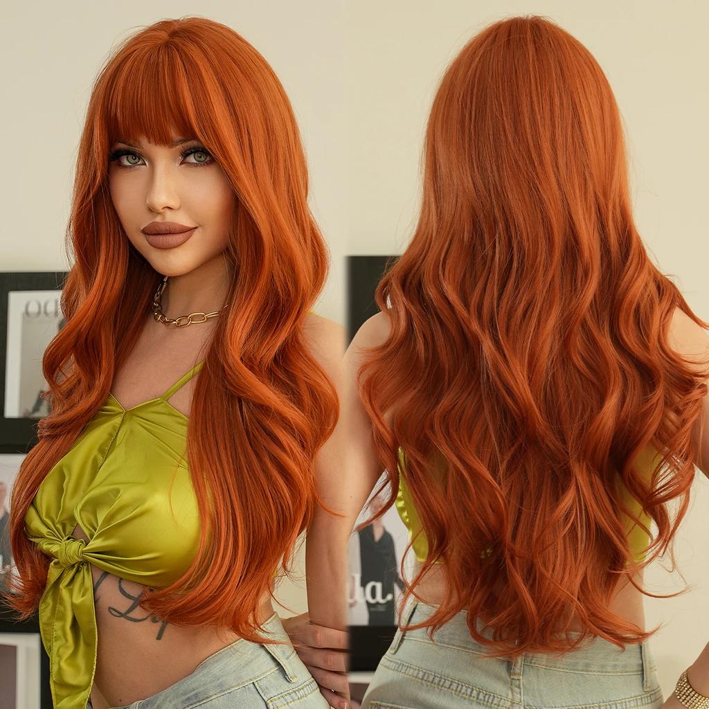 Professional  Loose Long Body Wavy Orange Wig for Women Daily Use Fashion Synthetic LightOrange Curly Hair Wigs with Bangs High Density 28Inch